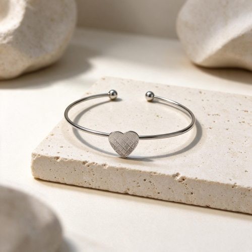 Bracelete Coração Diamantado Aço Prata