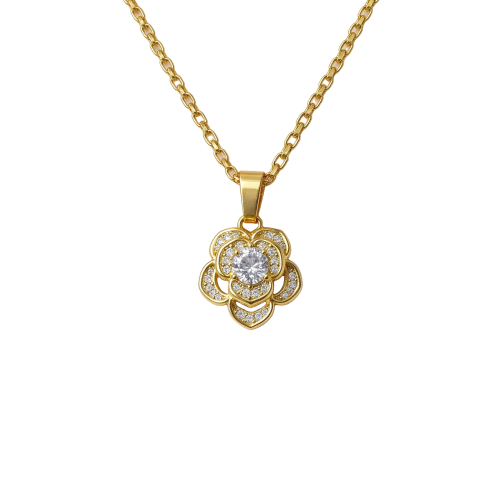 Colar Flor Pétalas Cravejada Banhado a Ouro 18k