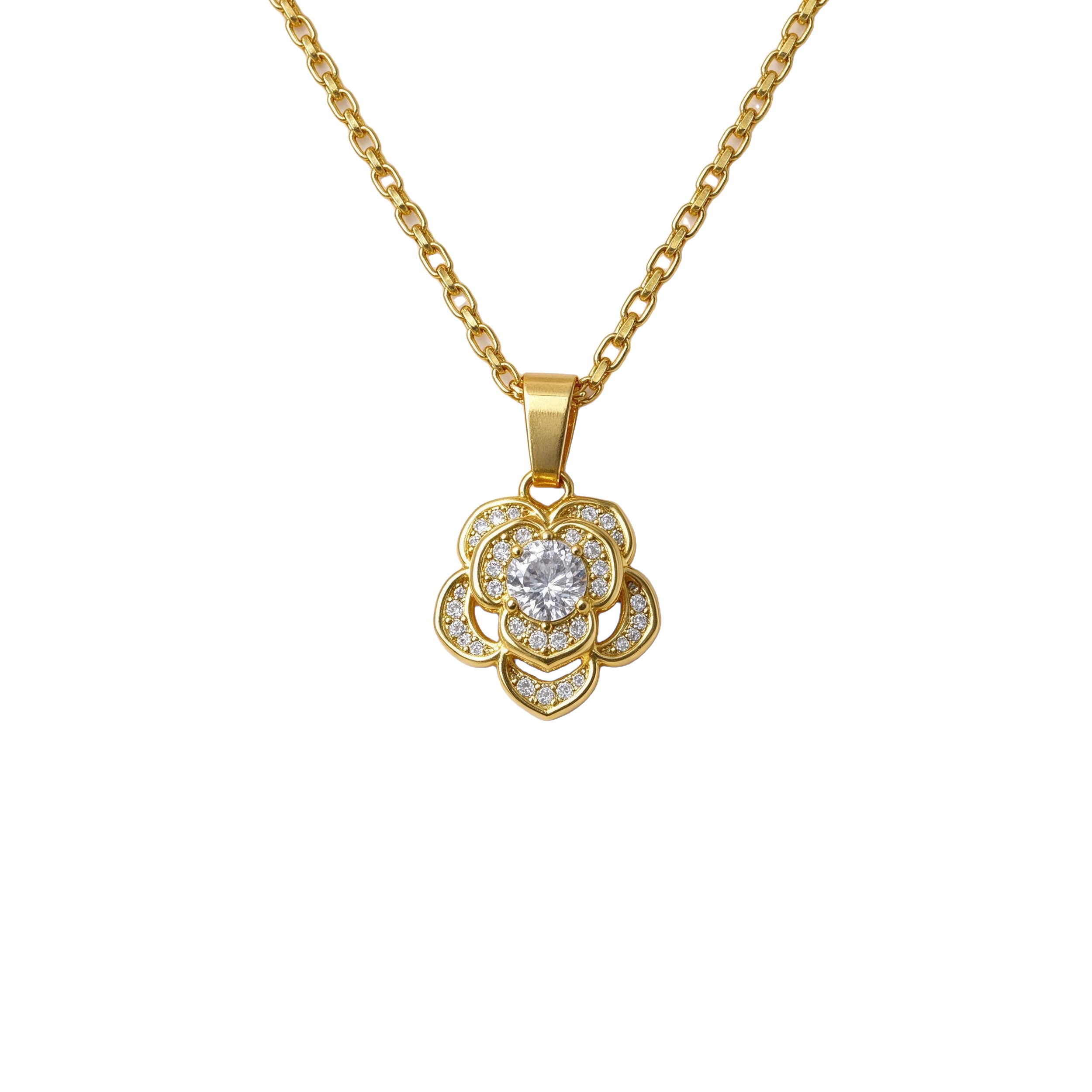 Colar Flor Pétalas Cravejada Banhado a Ouro 18k